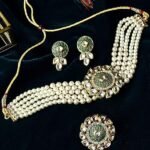 Green Enamel Multistrand Kundan Choker Necklace Earring & Ring Set