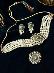 Green Enamel Multistrand Kundan Choker Necklace Earring & Ring Set