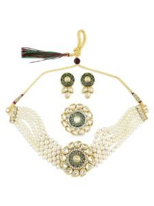 Green Enamel Multistrand Kundan Choker Necklace Earring & Ring Set - Image 2